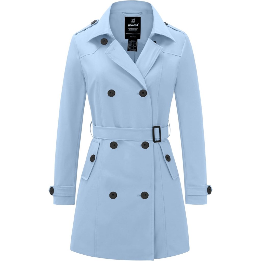 Women Blue Trench Coat Waterproof Classic Lapel Outerwear Belt Warm Jackets